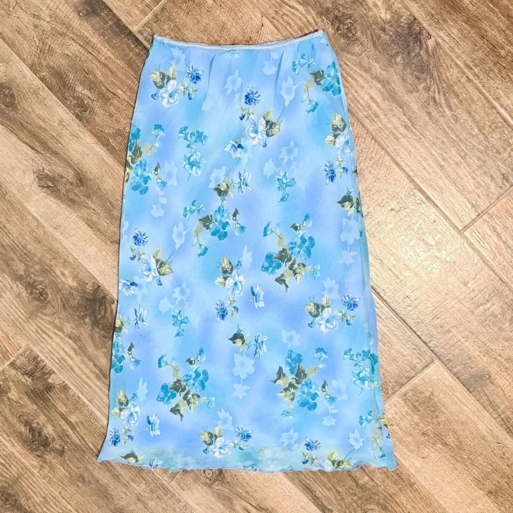 Jonathan Martin Studio Womens 90s Floral Lettuce-Hem Mesh Midi Skirt, Blue,M
